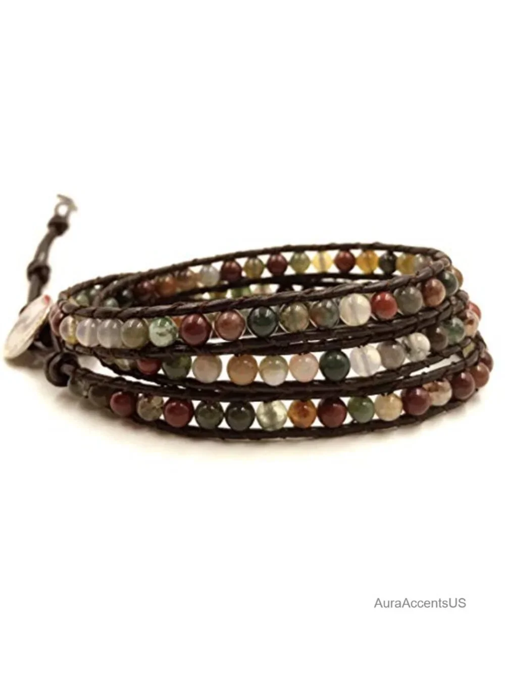Genuine Leather Agate Stone Wrap Bracelet Adjustable Stainless Steel Closure 23